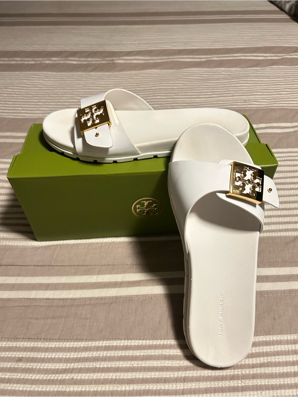 Tory Burch White Slide Sandals with Gold Logo Buckle